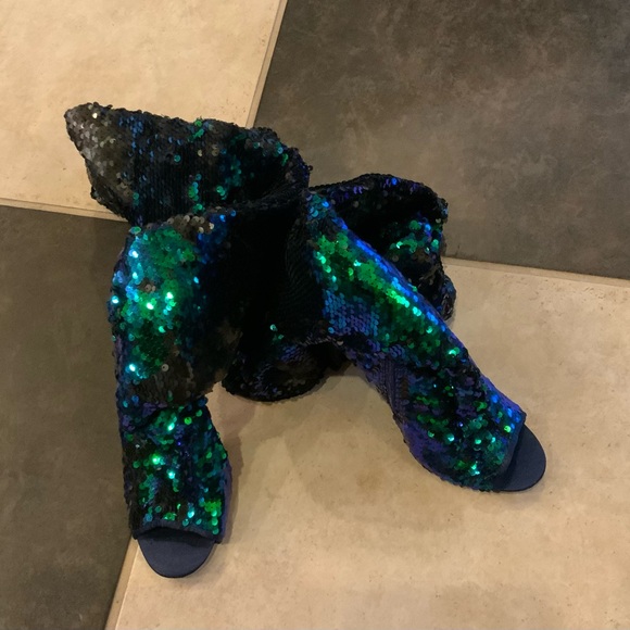 Women's Peep Toe, Thigh High Slouch, Zipper, Sequin Over The Knee Boots US9 EU40 - Picture 4 of 12